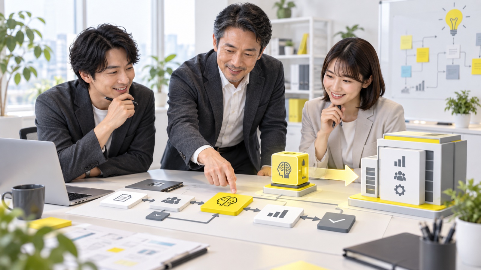 業務フローを囲み生成AIの導入手順を検討する経営者と担当者のイメージ