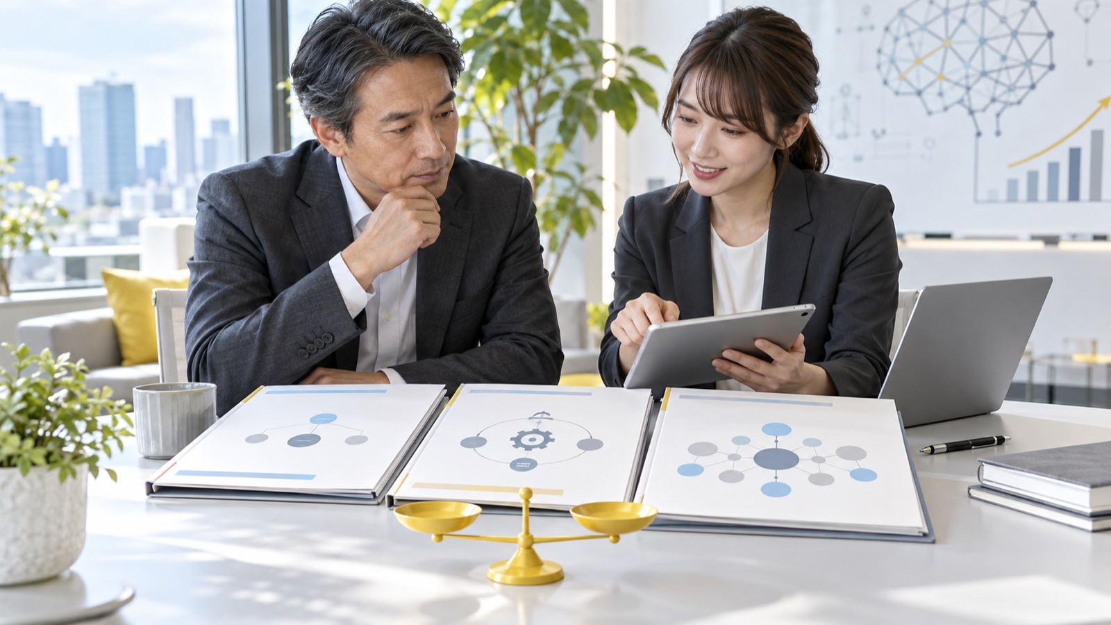複数の提案資料を比較しAI支援の範囲を相談する経営者とコンサルタントのイメージ