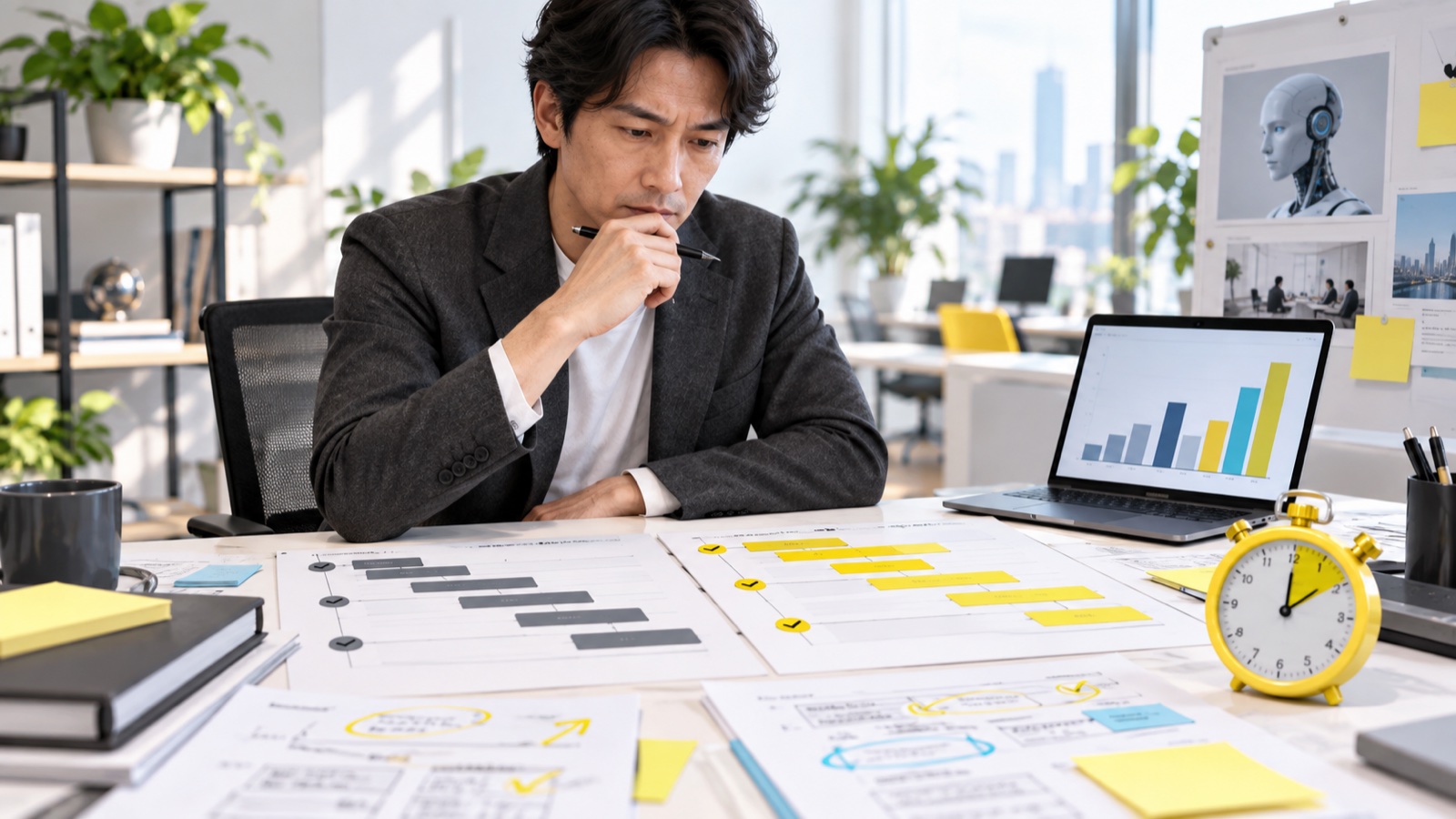 作業時間と品質を比較する分析担当者と黄色のストップウォッチのイメージ