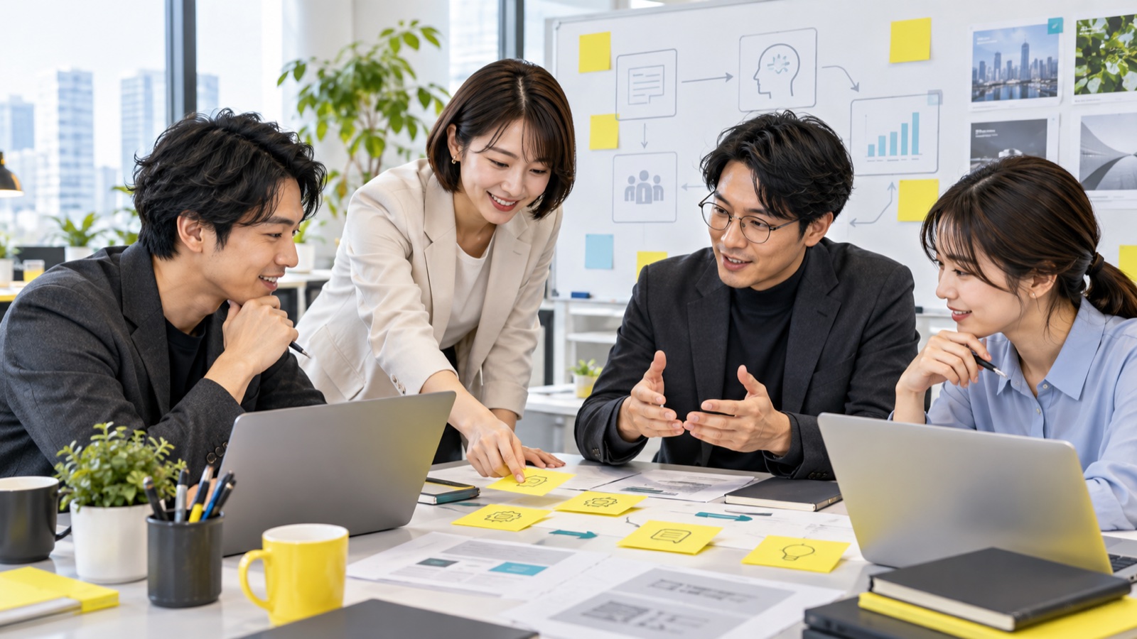 研修後の実務課題を持ち寄りチームで振り返る社員のイメージ