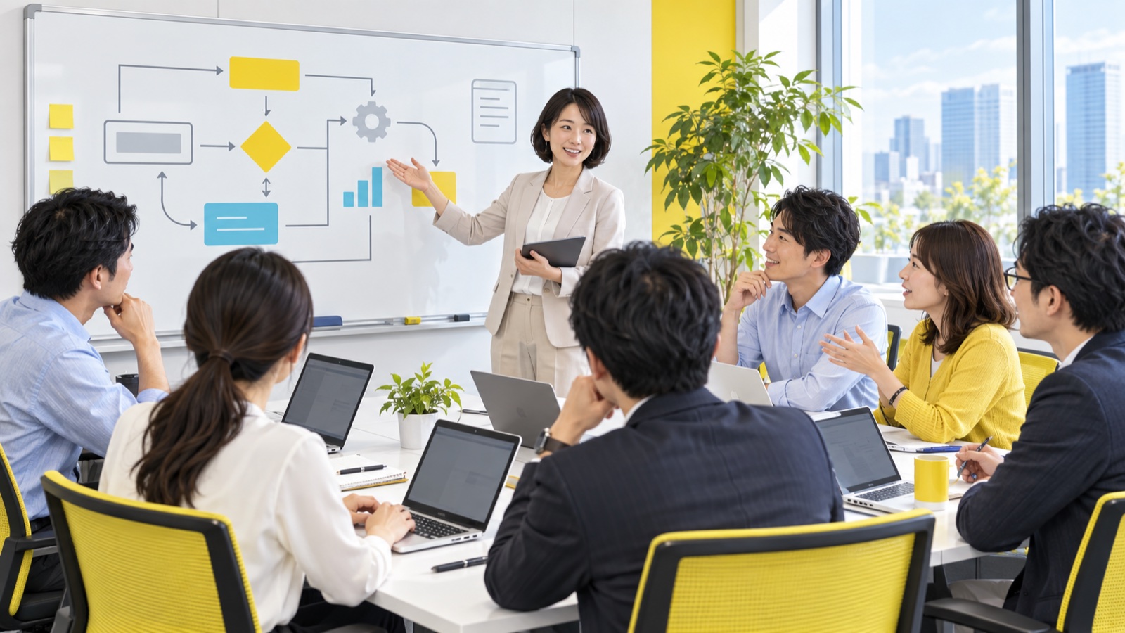 講師と複数の社員が業務フローを題材にAIを学ぶ法人研修のイメージ