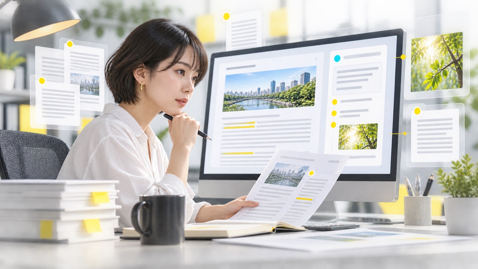 質問への回答と参照資料を組み合わせて法人サイトの内容を設計するイメージ