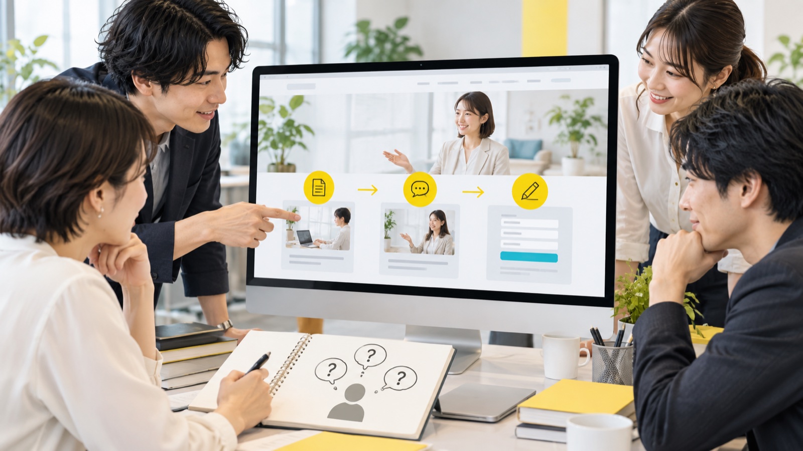 サービス説明から相談へ進む法人サイトの導線を検討するチームのイメージ