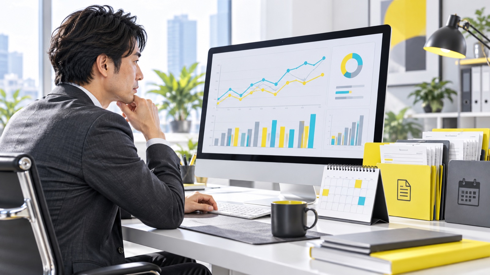 経営者が入出金予定と残高推移をダッシュボードで確認するイメージ