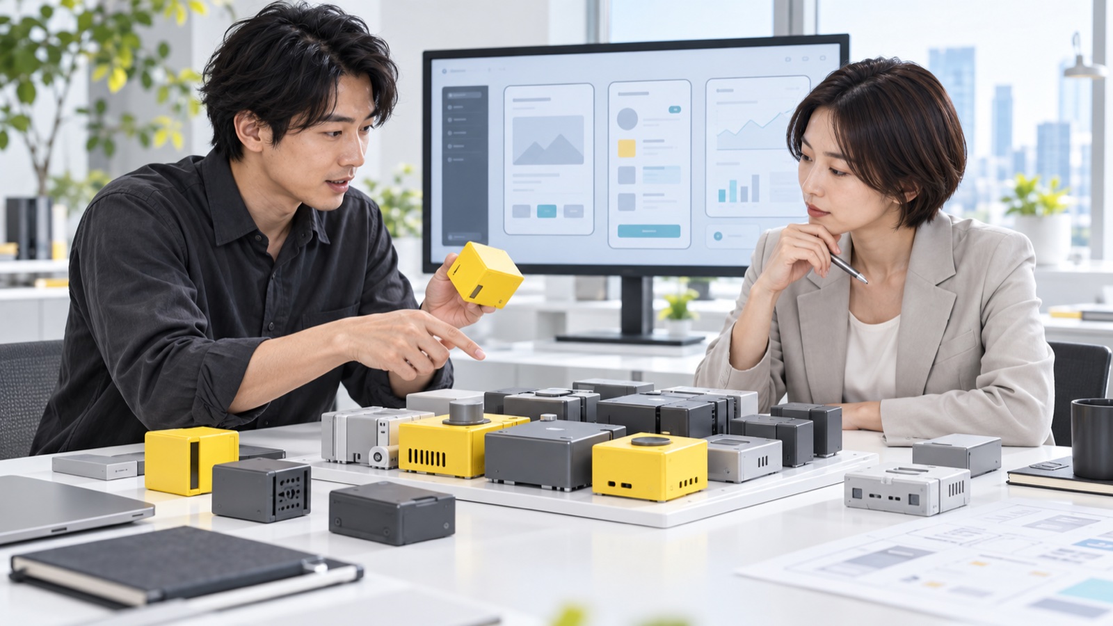 開発チームと発注担当者が機能ごとの設計ブロックを比較するイメージ