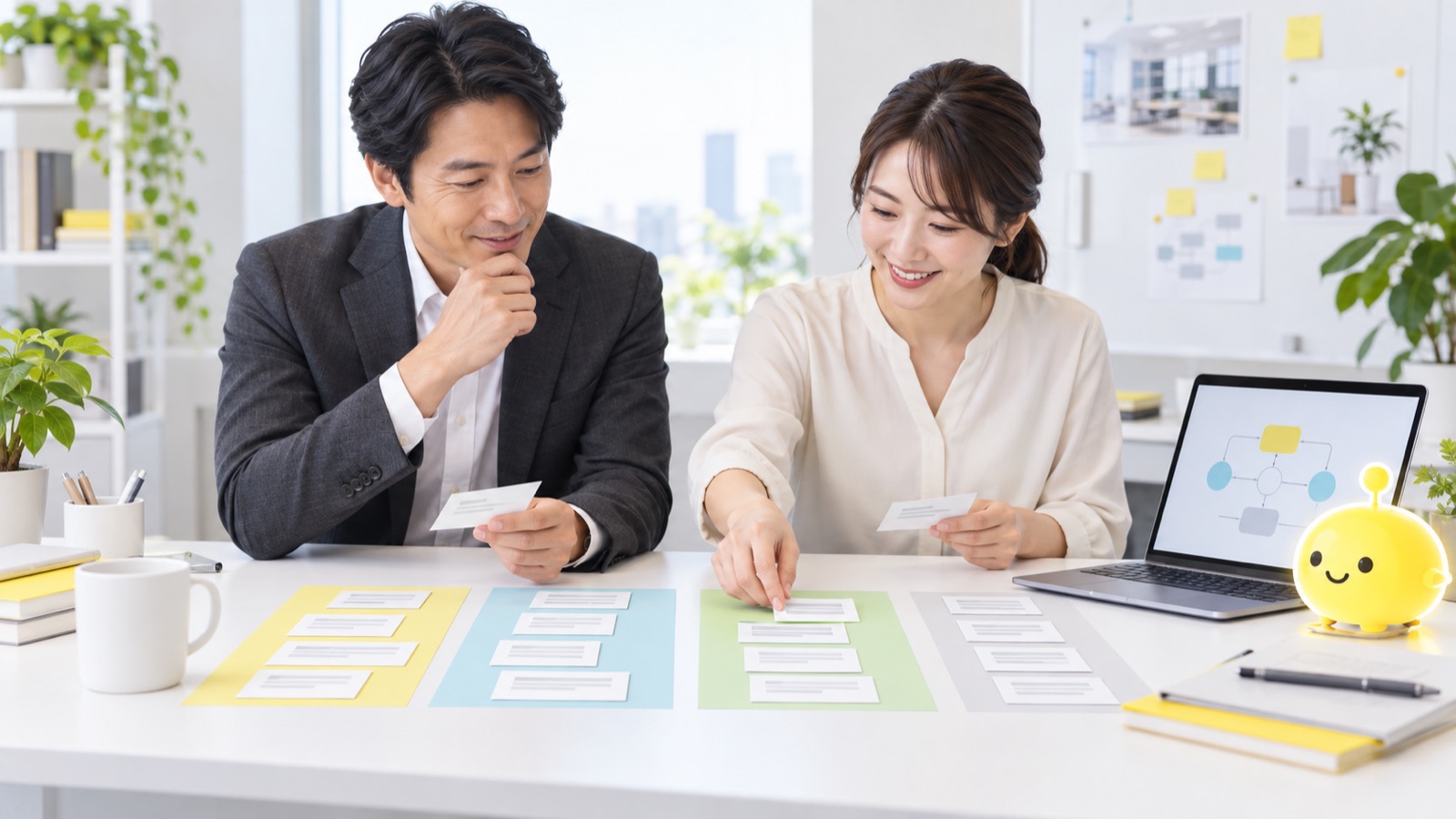 担当者と経営者が業務の作業を整理する説明用イメージ