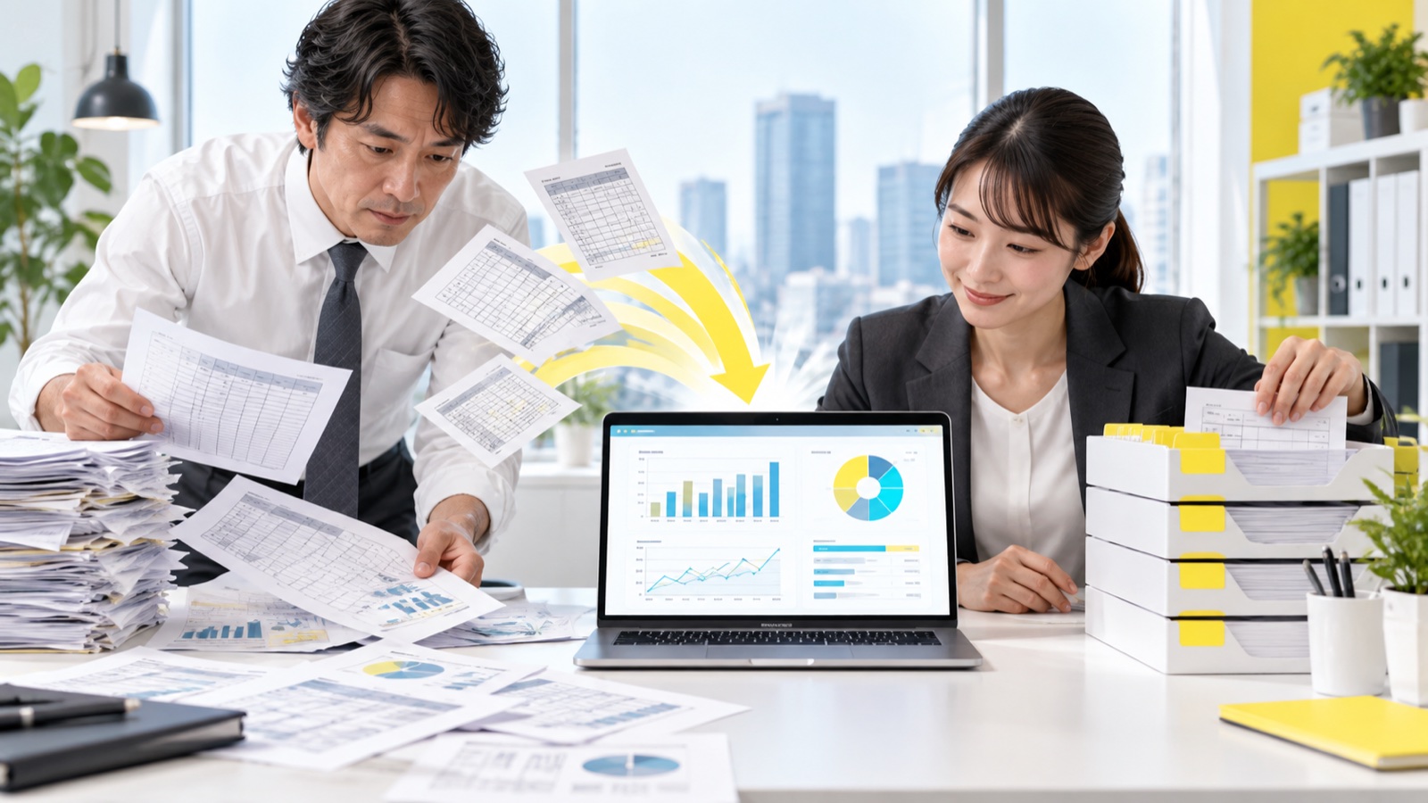 散在した表計算ファイルを共通の業務システムへ整理する担当者のイメージ