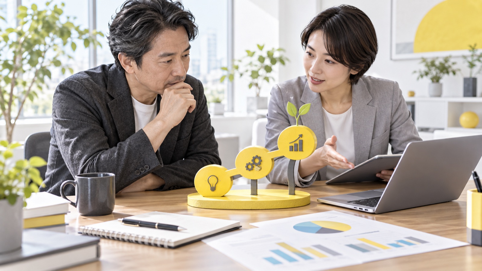経営者がAI導入の選択肢と業務フローを専門家と検討するイメージ