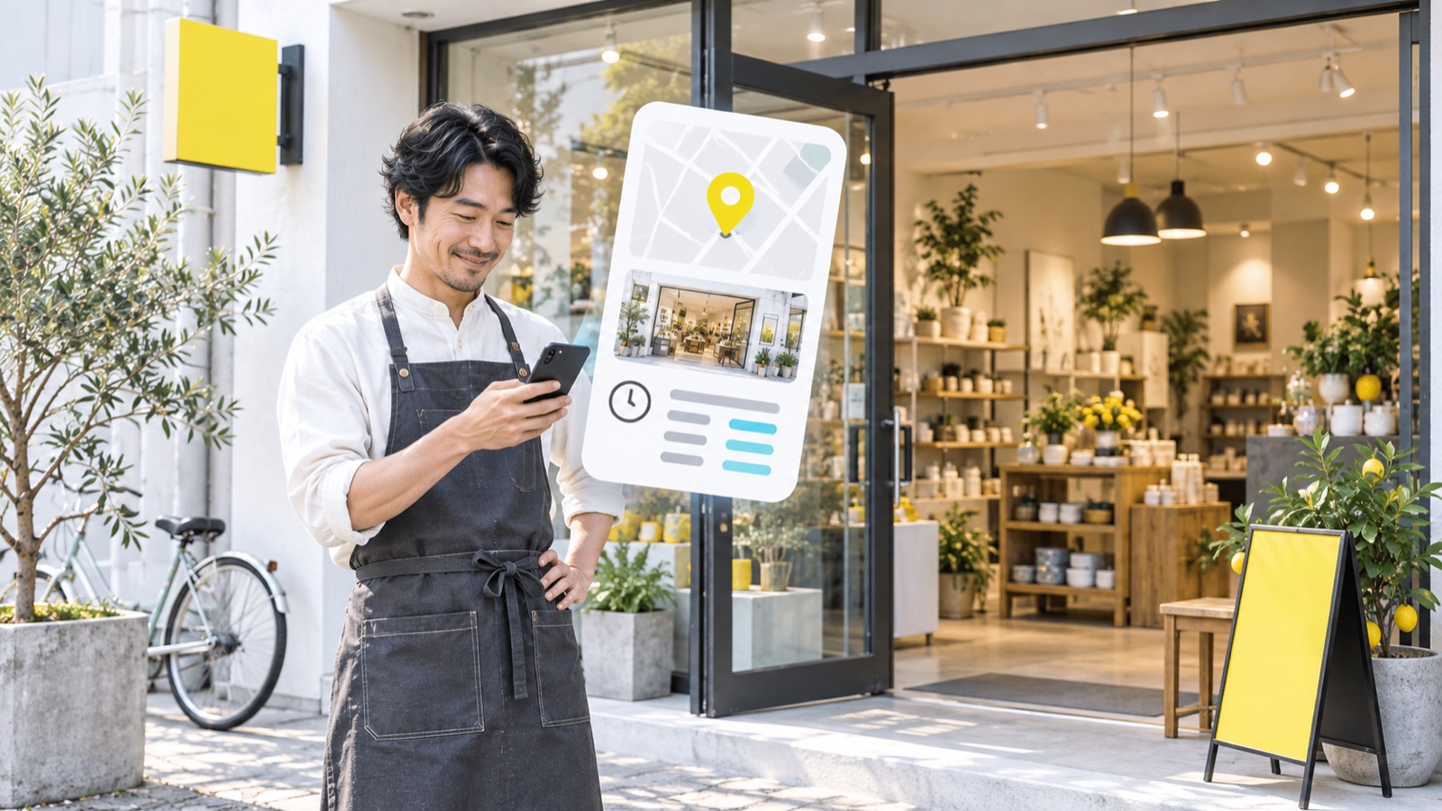 店舗オーナーが店頭写真とスマートフォンの地図情報を確認するイメージ