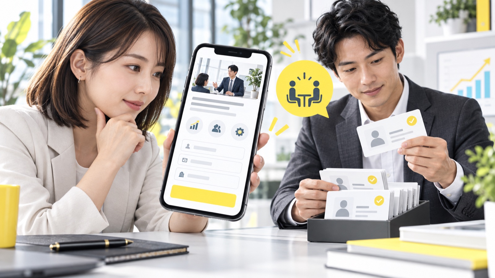 法人向け広告のスマートフォン画面と相談受付の流れを検討するマーケティング担当のイメージ