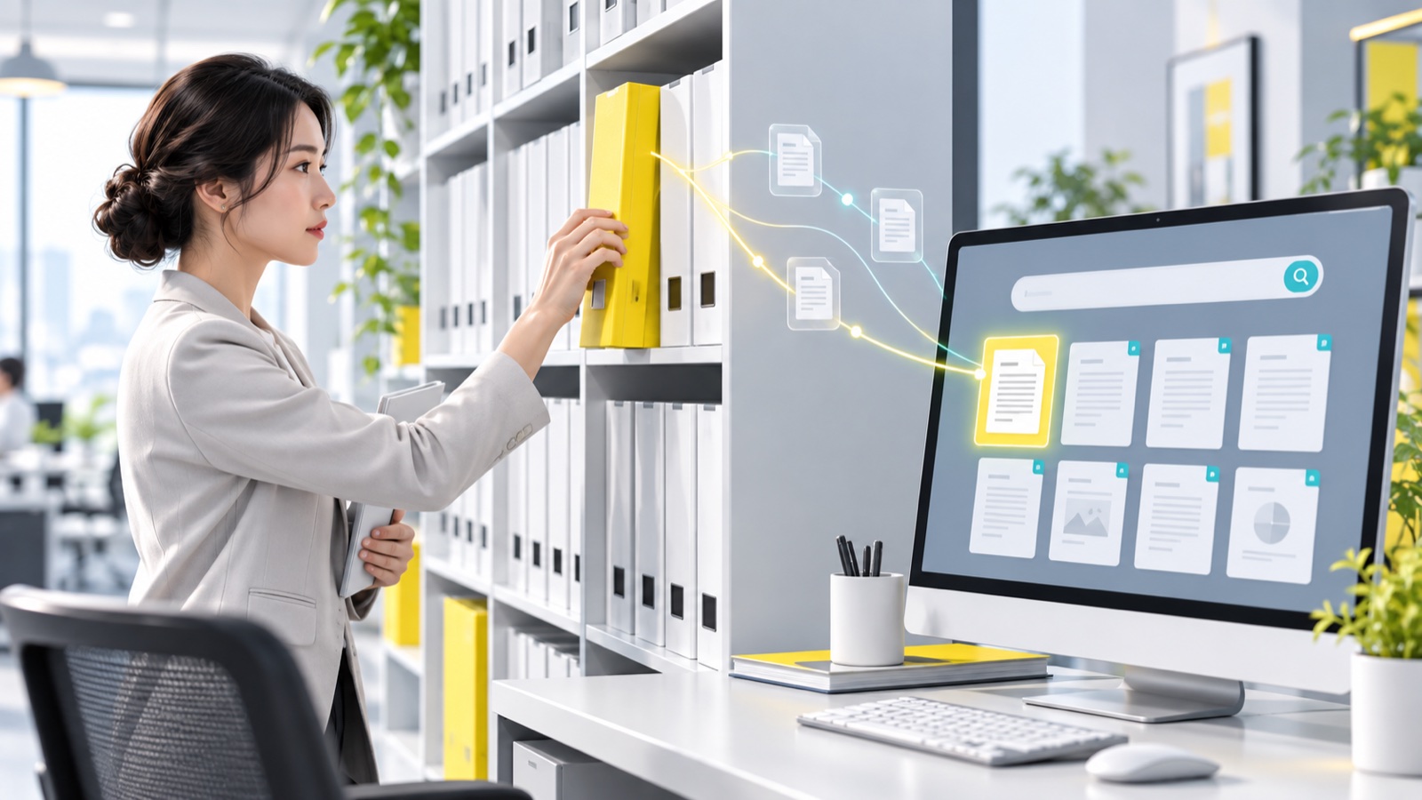 社内資料の棚と検索端末をつなぎ必要な情報を探す業務担当者のイメージ