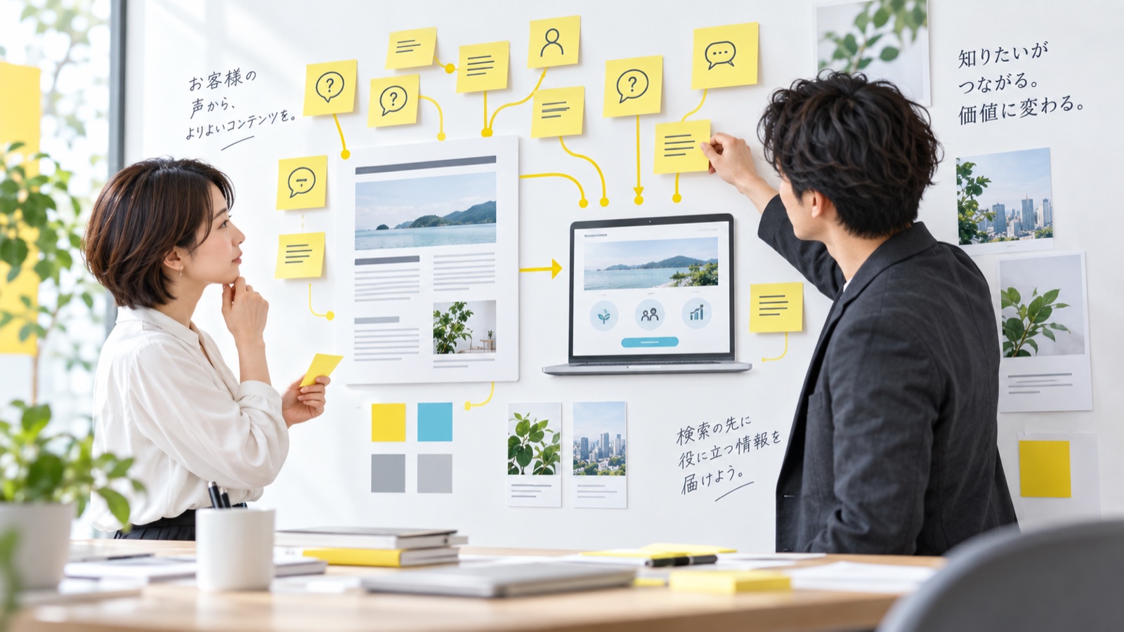 顧客の質問と検索意図を整理し記事とサービスを結び付ける編集チームのイメージ