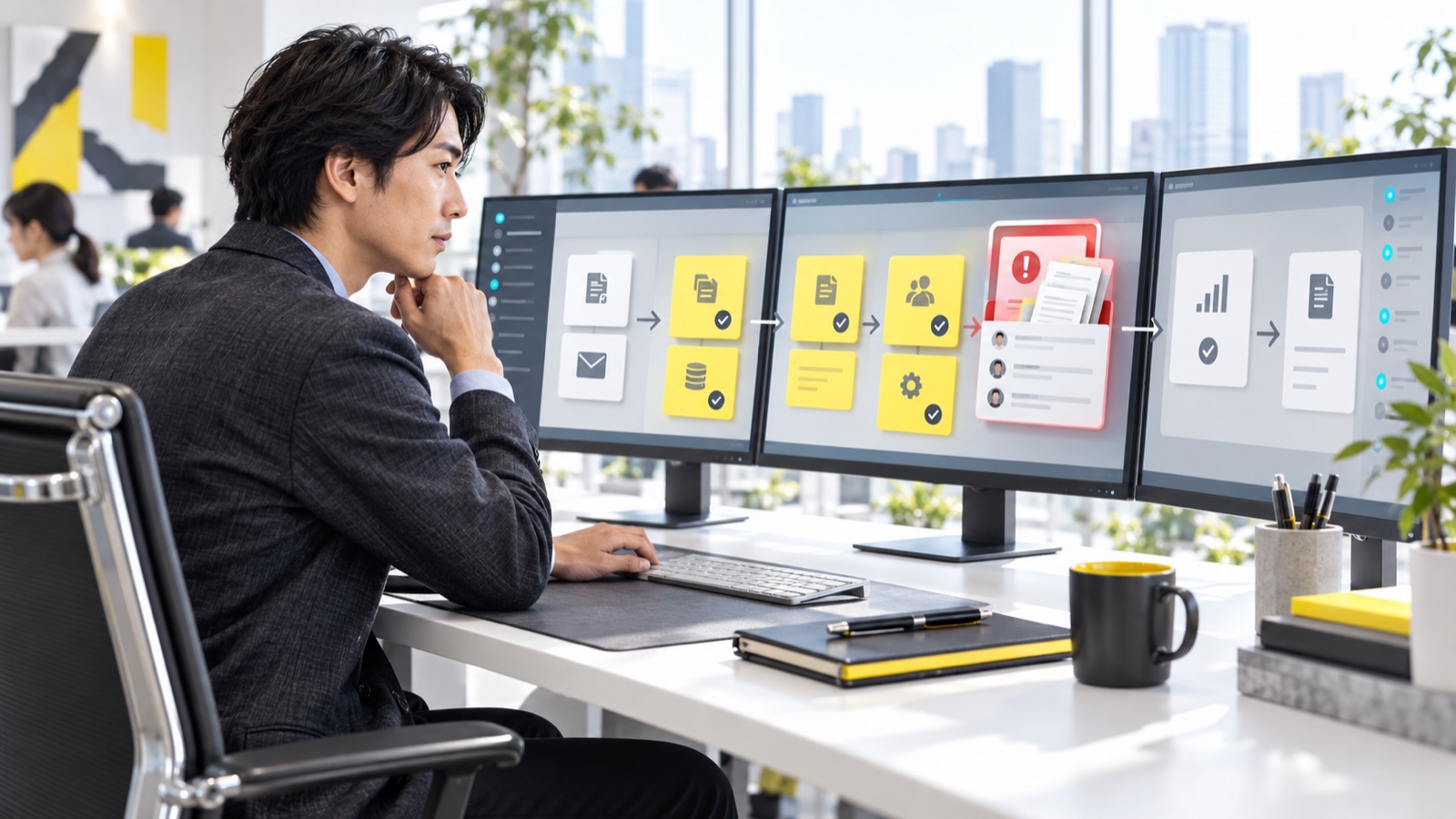 複数の業務端末をつなぐフローと例外確認の工程を整理するイメージ